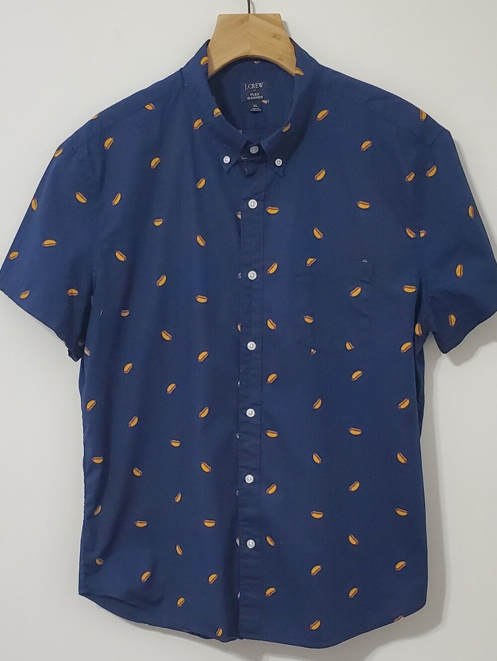 J. Crew Flex Short Sleeve Button Down Slim Fit Shirt Navy Hot Dog Print Mens XL